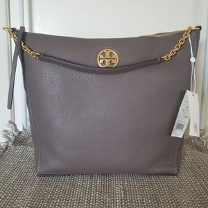 NWT Tory Burch Tote Leather Gray Taupe with Gold